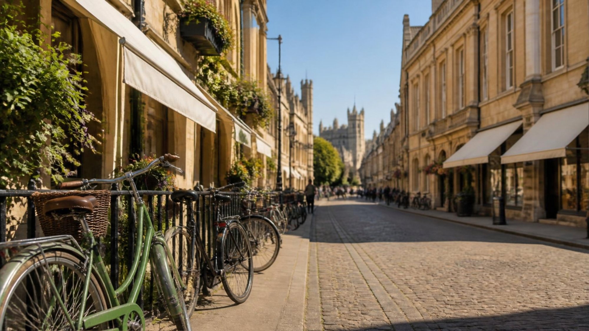 Open Smart: Sunny Cobbled Street In Central Cambridge With Parked Bicycles And Independent Shopfronts