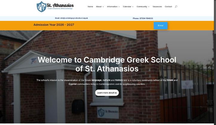 Open Smart: Website Designed For Cambridge Greek School Of St. Athanasios, Homepage Screenshot
