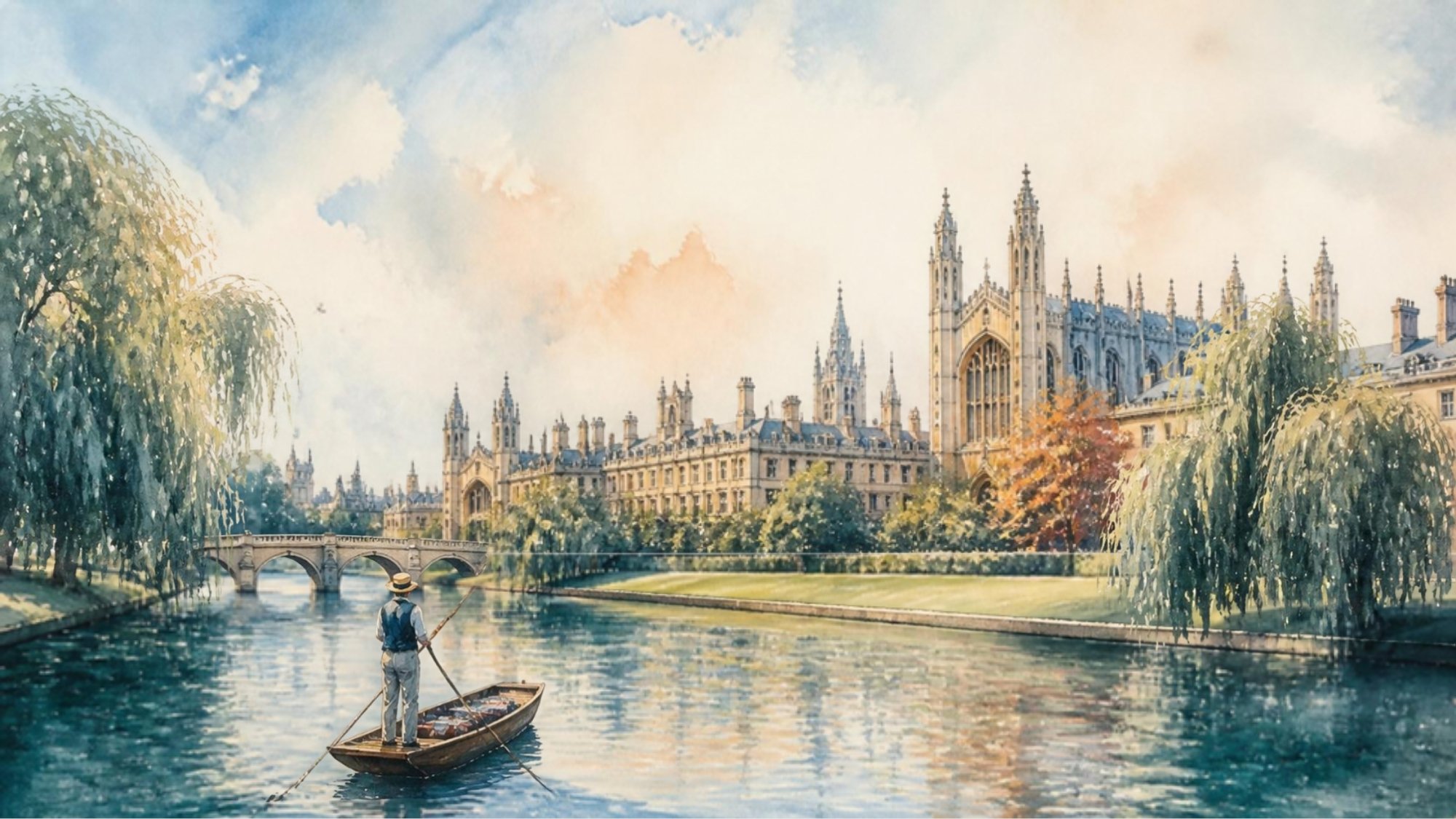 Open Smart: Watercolour Painting Of The Cambridge Skyline With Spires, The River Cam And A Punt