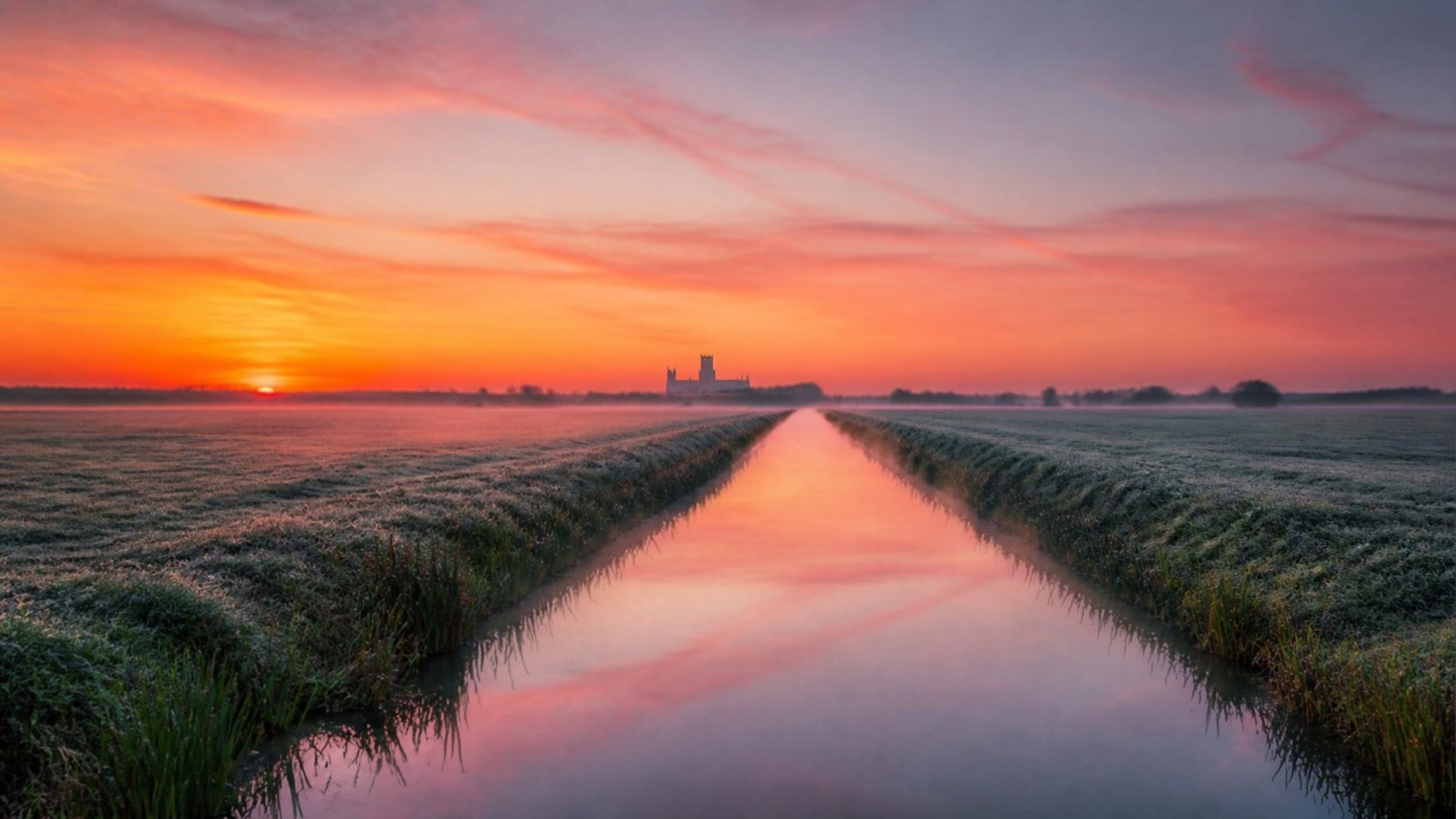 Open Smart: Cambridgeshire Fenland At Sunrise With A Drainage Dyke Reflecting The Sky