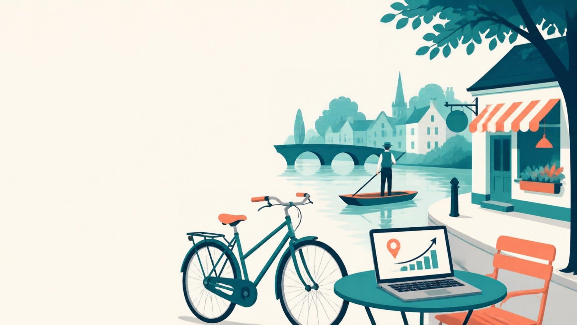 Open Smart: Cartoon Illustration Of A Bicycle, Laptop With A Rising Chart, Map Pin, Punt And Shop In Teal And Coral
