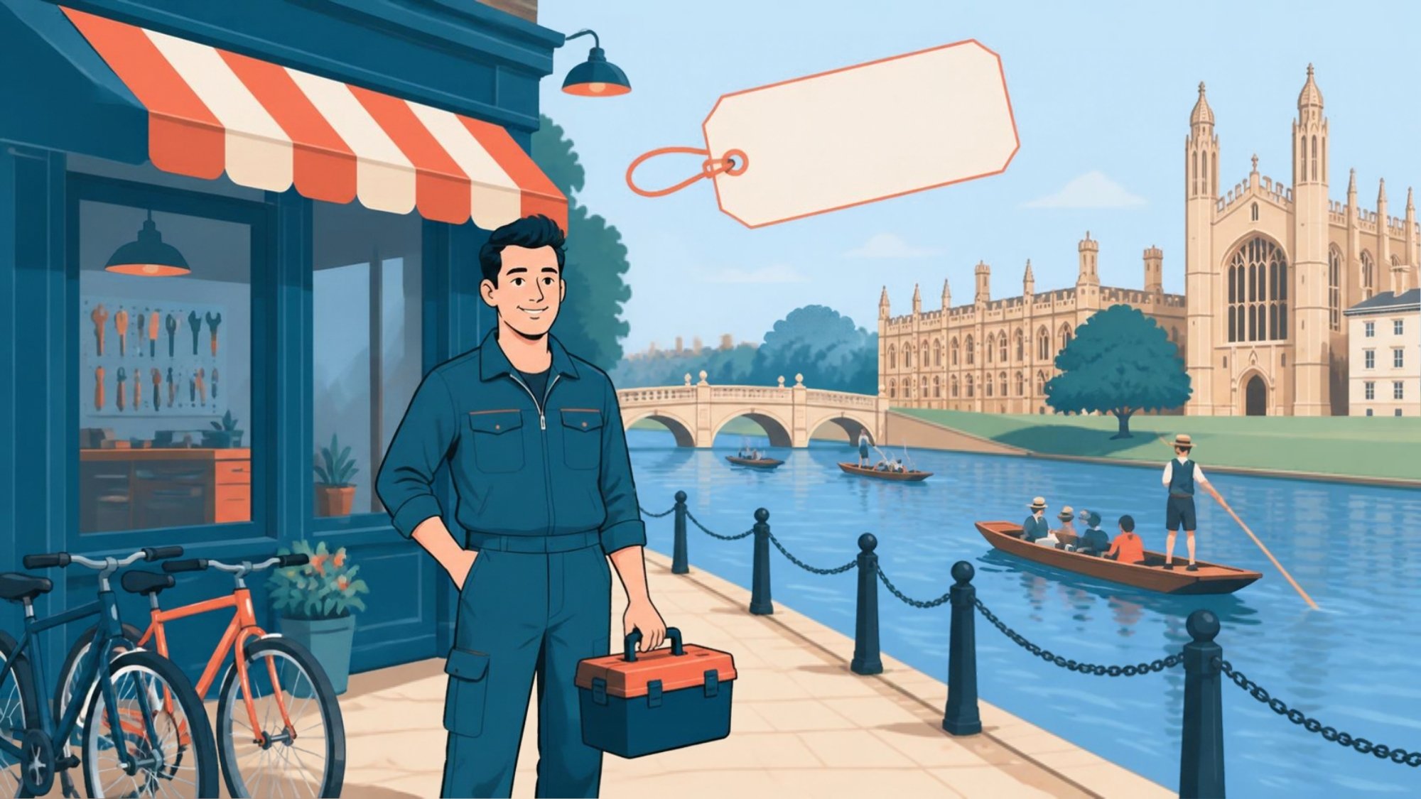 Open Smart: illustration of an IT technician outside a Cambridge shop