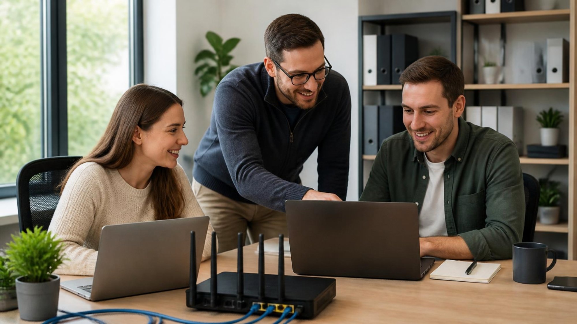 Open Smart: It Engineer Helping Two Staff In A Small Office With A Router And Laptops