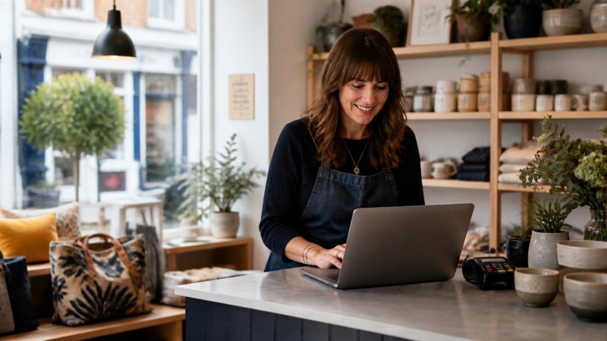 Open Smart: Independent Shop Owner Checking A Laptop At The Counter Of A Boutique