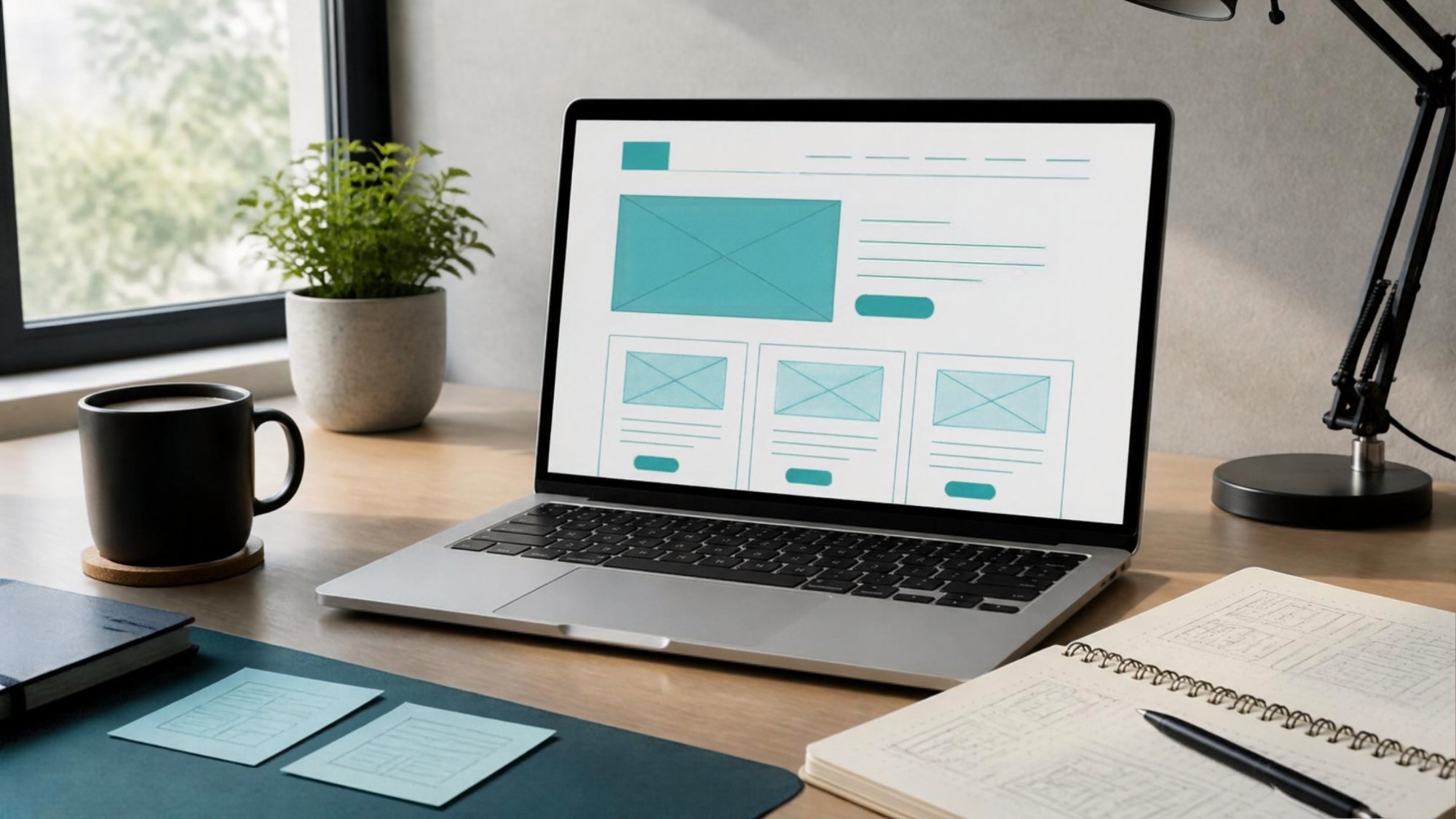 Open Smart: Web Designer Desk With A Laptop Showing A Website Layout
